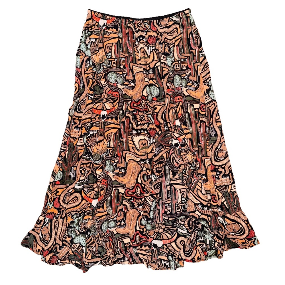 Deadstock Y2K Abstract Western Boho Cowgirl Print Ruffle High Slit Midi Skirt